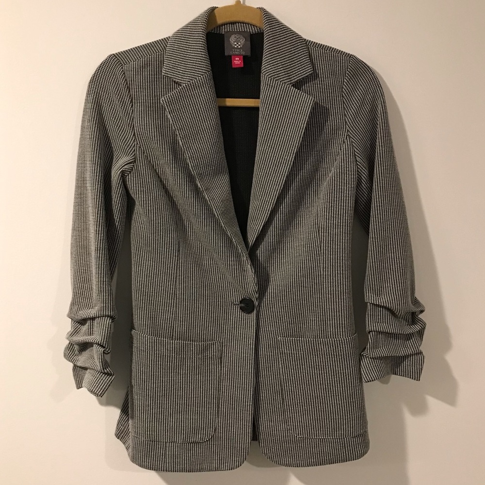 Vince Camuto Blazer Women's Sz 00 XXS Houndstooth Ruched 3/4 Sleeve Gray